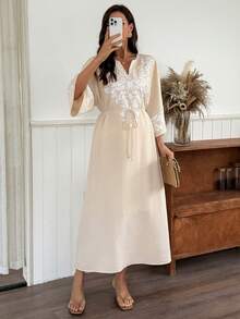 Vivie Lora 女士宽松V领中袖印花中长连衣裙 - 杏色 - 查看 6