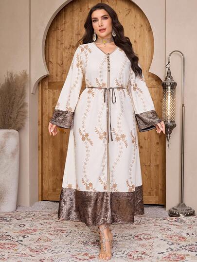 Al Najma Plus Size Contrast Color Embroidered V-Neck Long Sleeve Arabic Style Dress For Women