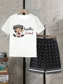 SHEIN 2件套青少年男童短袖圆领T恤+口袋短裤套装 - 彩色 - 查看 7