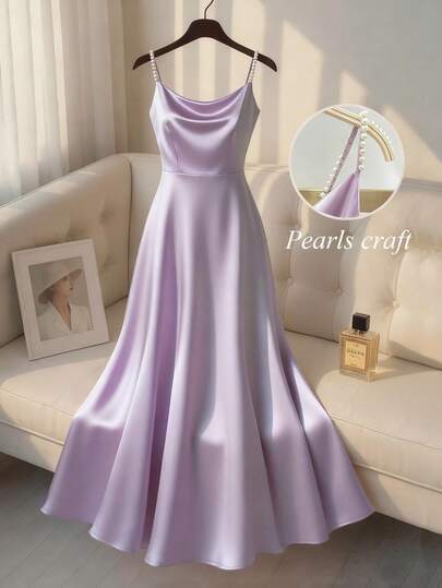 Franclia 女士优雅缎面珍珠吊带连衣裙，闪亮面料，A字廓形，适合通勤、派对和各种活动。