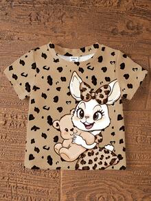 1 Set Baby Girls' Vintage Cute Cartoon Rabbit & Leopard Print, Khaki, Retro Sweet Molly Girl Style, Infant Toddler Casual Knit Crew Neck Short Sleeve Top And Shorts Set, Streetwear And Home Outfit - Multicolor - View 6