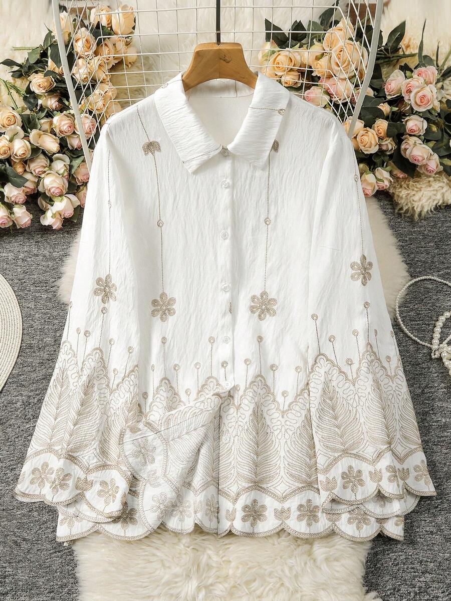 Lacomfia Plus Size Women Elegant Embroidered Long Sleeve Blouse - Multicolor - View 1