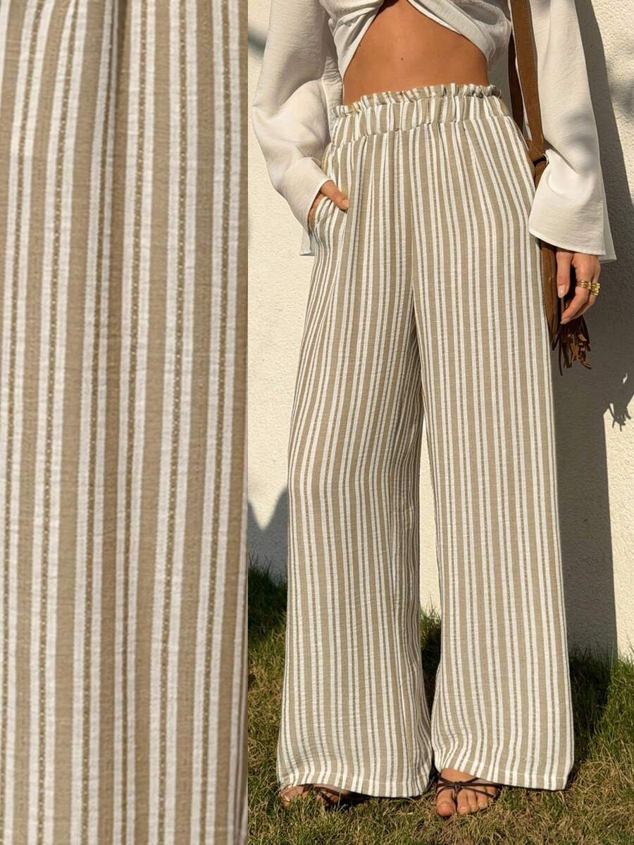 Chiquease Calça Casual Reta de Cintura Elástica com Listras Tecidas, Versátil para Trabalho e Uso Diário - Caqui - Visão 1