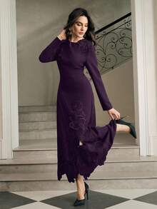 Anewsta Đầm nữ thanh lịch, sang trọng, tinh tế với họa tiết thêu hoa 3D, ôm dáng, trang nhã và quyến rũ, phù hợp cho mùa thu, mùa đông, đi chơi, các dịp trang trọng, tiệc tùng, sang trọng, năm mới, Giáng sinh, công sở, lễ tốt nghiệp, đám cưới. - Màu tím - Xem 3