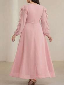 Modelyn Long Round Neck Ruffle Sleeve Black Dress - Pink - View 2