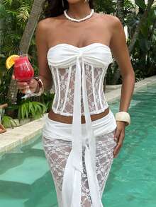Opulessa Sexy Elegant Casual Going Out Beach Women's White Wedding Romantic Solid Color Lace Corset Fitted Tube Top, Spring Summer Vacation, Elegant Top For Party, Luxury Evening Top For Weddings, Graduation, Ceremony, Bridesmaid - White - View 4