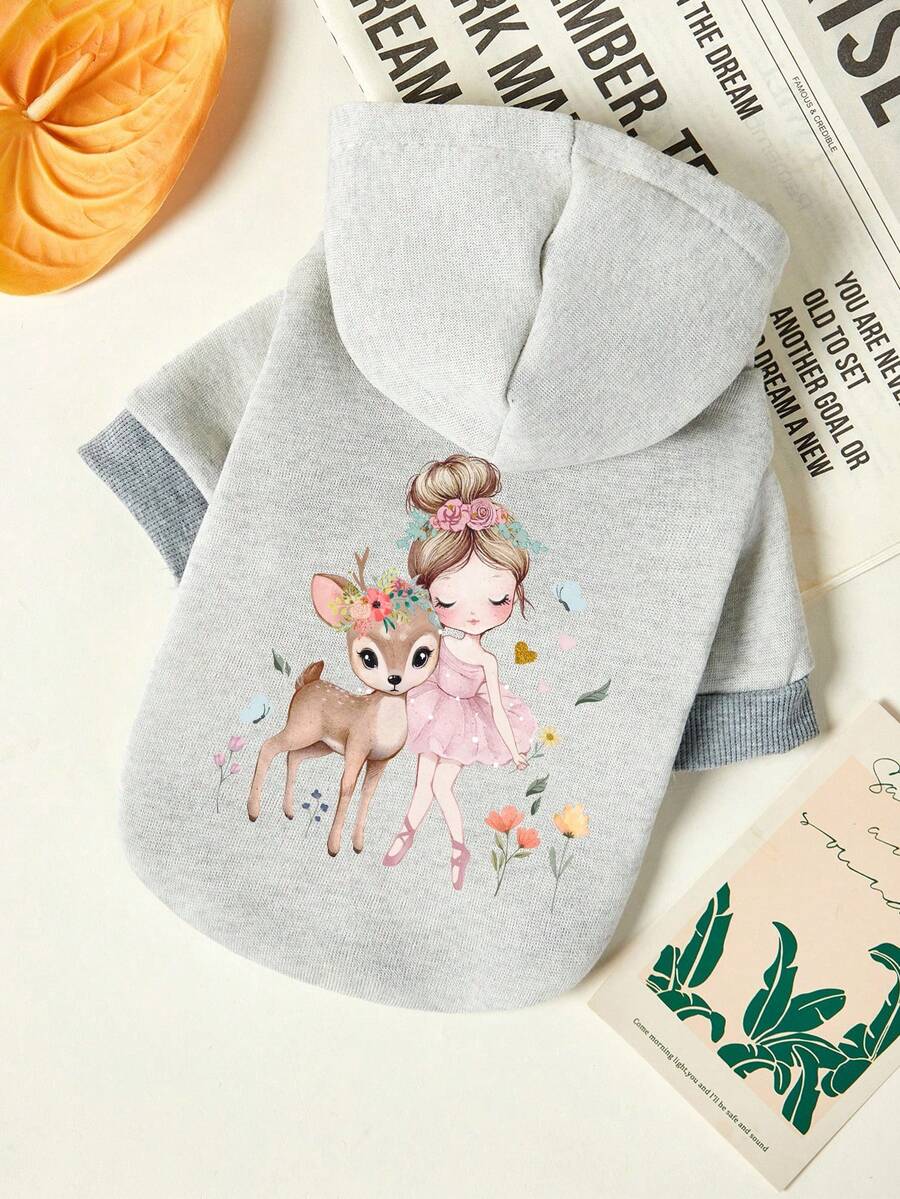 PETSIN 1 Cute Deer And Little Girl Printed Pet Hoodie For Autumn And Winter, Light Gray Thick Warm Pet Clothing - Light Grey - View 1