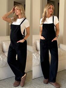 SHEIN 孕妇休闲纯色口袋直筒牛仔背带裤情人节度假女装嘉年华夏季春季通勤毕业时尚Y2K可爱街头风性感派对婚礼优雅商务休闲女装