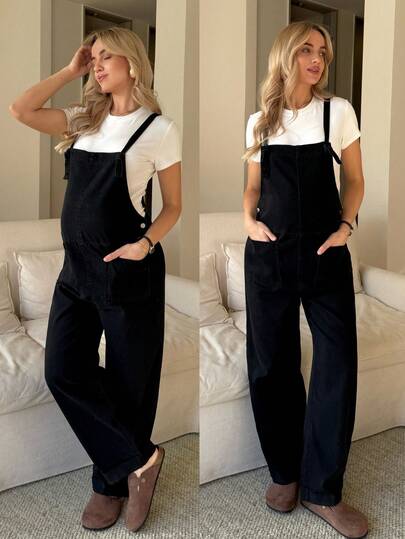 SHEIN 孕妇休闲纯色口袋直筒牛仔背带裤情人节度假女装嘉年华夏季春季通勤毕业时尚Y2K可爱街头风性感派对婚礼优雅商务休闲女装