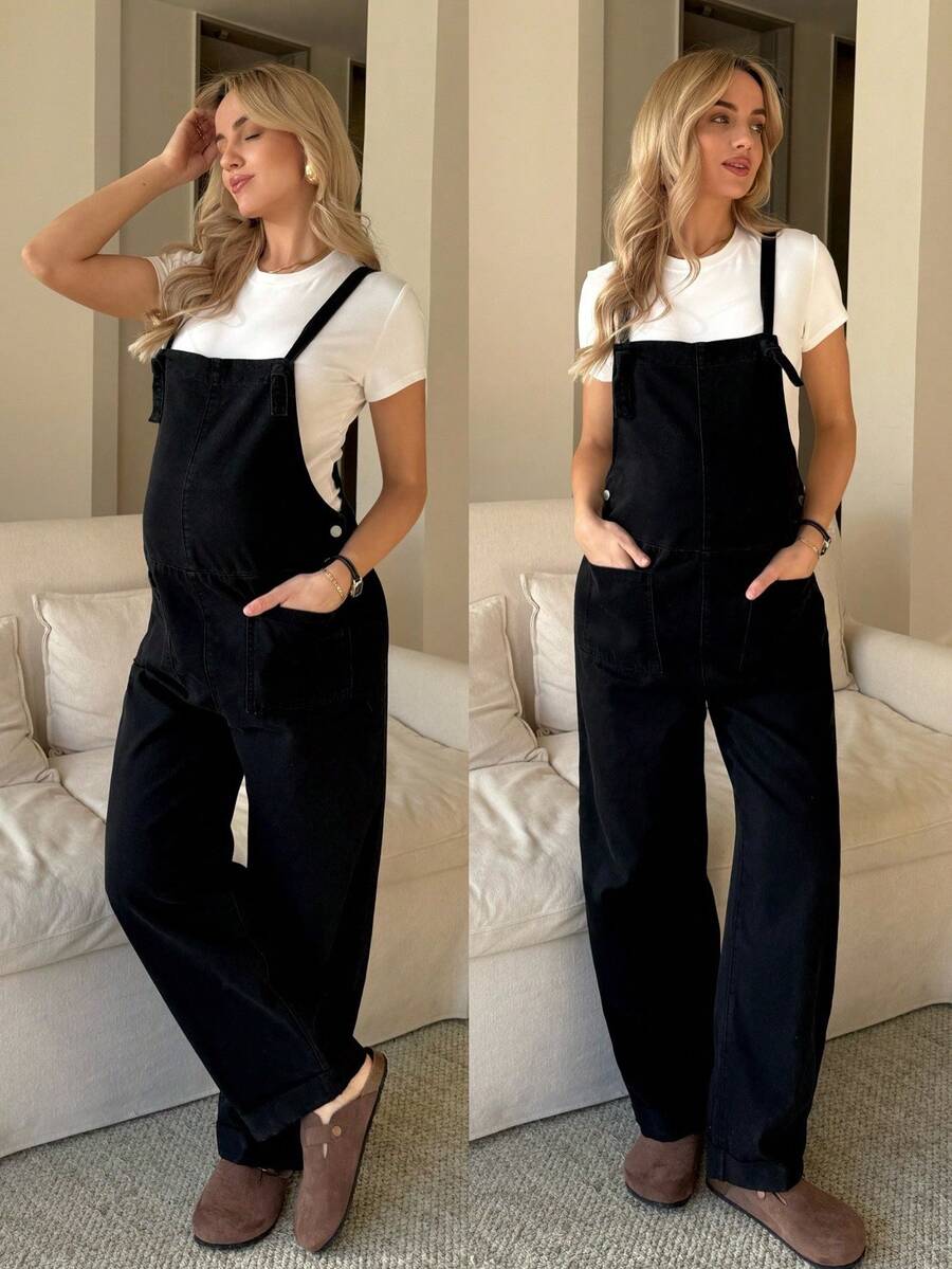 SHEIN 孕妇休闲纯色口袋直筒牛仔背带裤情人节度假女装嘉年华夏季春季通勤毕业时尚Y2K可爱街头风性感派对婚礼优雅商务休闲女装