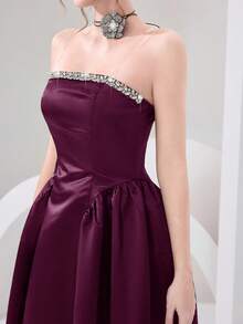 Poshira Women's Solid Color Rhinestone Decor Ruched Bandeau Formal Gown (Heavily Embellished) - Burgundy - View 5