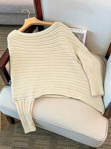 Elenzga Plus Size Asymmetrical Gigot Sleeve Loose Knit Sweater, Solid Color, Off-Shoulder, Winter - Beige - View 9