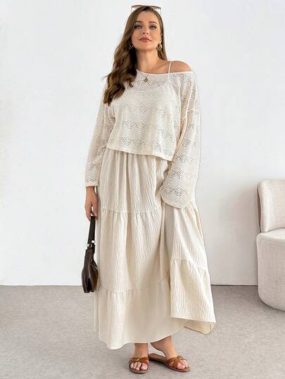 Shapeblank Plus-Size Women's Spring/Summer Fashion Casual Loose Comfortable Everyday Sun Protection See-Through Hollowed-Out Long-Sleeved Cover-Up And Suspender Long Dress Apricot Two Pieces Set,Spring Clothes,Vacation Outfits