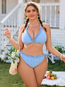 Swim Mod 2026 New Plus Size Women Floral Embossed Ruffle Halter Tie Sexy Bikini Swimwear Set - Blue - View 5
