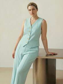 MOTF PREMIUM CHALECO DE MUJER TALLA GRANDE CON CUELLO EN V Y ABOTONADURA SENCILLA PARA PRIMAVERA/VERANO - verde menta - Ver 5