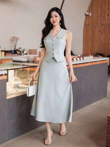 DAZY 女士优雅纯色仿口袋背心半裙两件套，春夏婚礼宾客礼服 - 藍色 - 查看 8