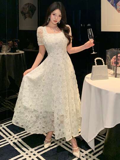 DAZY 女士优雅花卉亮片装饰方领泡泡袖连衣裙，夏季