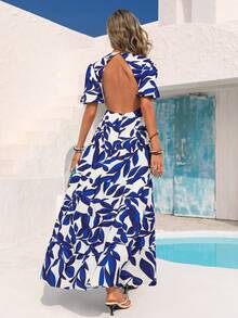 Vivid Eden Women's White And Blue Floral Summer Boho Vacation Holiday Dress,Tropical Plant Print Cut Out Backless Maxi Dress,Casual Bohemian Beach Sundress - Blue - View 3