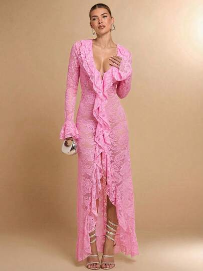 SHEIN BAE Summer Vacation Early Spring Solid White Sexy Simple Elegant Long Sleeve Ruffle Deep V Ladies Lace Simple Ladies Dress, Valentine's Day Dress, Party Dress, Romantic Date Dress, Wedding Bridesmaid Dress, Prom Dress, Daily Commuting Dress, Birthday Dress, Holiday Dress