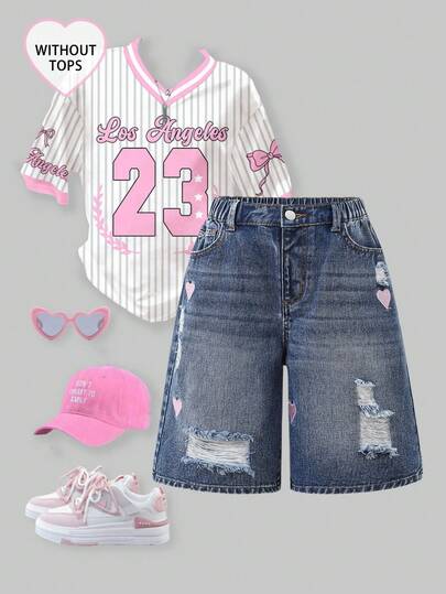 SHEIN Sparklyn Tween GirlsY2K Streetwear Chic Faded Blue Distressed Star Embroidered Elastic Waist Loose Denim Shorts