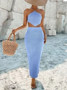 Breezaya Women's Casual Vacation Solid Color Halter Top & Skirt 2 Pieces Set - Blue - View 4