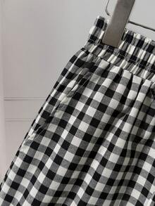 SHEIN Elenzya Women's Casual Pants, Classic Plaid, Elastic Waist, Loose Wide Leg, Suitable For Home, Leisure, And Commuting - Black and White - View 6