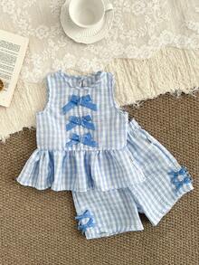SHEIN Baby Girl Plaid Bow Decor Ruffle Hem Sleeveless Top And Shorts Cute Set - Baby Blue - View 5