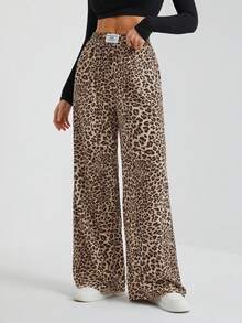 SHEIN Tall Women's Wide-Leg Street Trousers In Leopard Print Woven Cute Pants Cheetah Pants Animal Print Clothes Pants Wide Leg Leopard Pants Wide Leg Pants Animal Print Pants - Multicolor - View 3