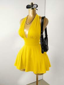 Mistrie Black Tight-Fitting Romper With Deep V-Neck, Backless Strap - Yellow - View 3