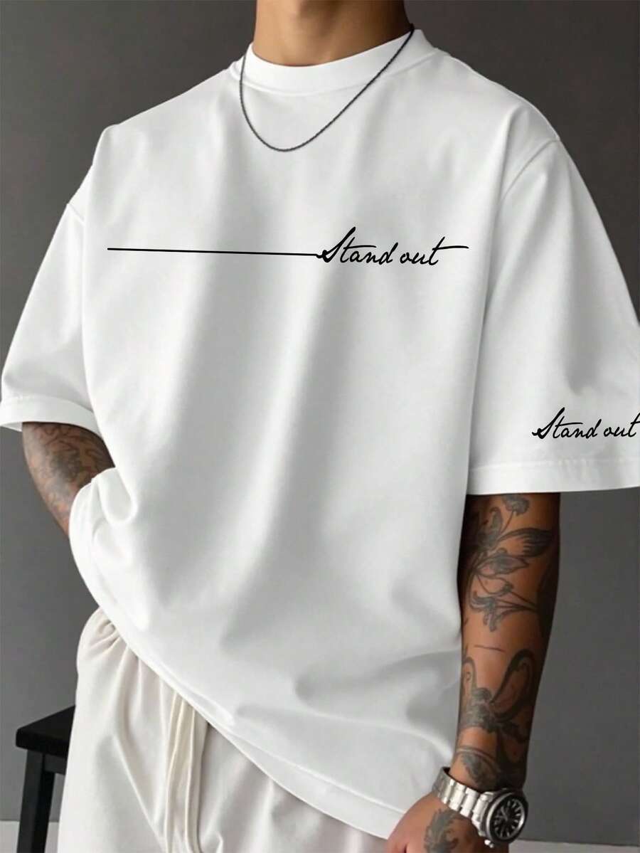 Manfinity EMRG Áo thun nam cổ tròn in chữ, dáng rộng, thoải mái - trắng - Xem 1