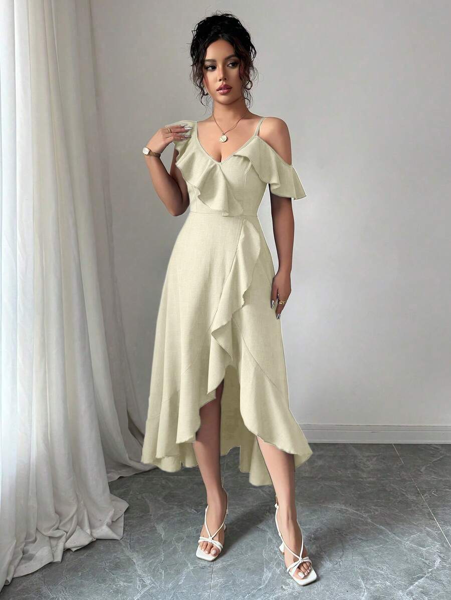 Elenzga Solid Color Spaghetti Strap Cold Shoulder Ruffle Hem Elegant Faux Denim Dress - Apricot - View 1