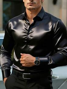 Manfinity Mode 男士成熟休闲高端设计长袖衬衫缎面男士衬衫男士婚礼衬衫男士黑色性感上衣男士奢华衬衫男士黑色正装衬衫男士黑色时尚奢华男装黑色正装衬衫黑色缎面男士衬衫男士黑色亮面衬衫奢华男士衬衫老钱、日常休闲、旅行、工作、男友/丈夫礼物、周年纪念/生日礼物派对暑假假期新年婚礼情人节 - 黑色 - 查看 5