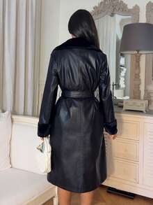 Ronhire 女士休闲长款蓬松 PU 皮革拼接风衣，秋季 - 黑色 - 查看 2