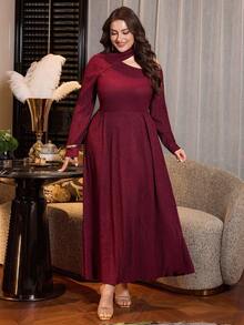 Modelyn Plus Size Women's Burgundy Autumn Elegant Formal Wedding Guest Dress,Asymmetric Collar Knit Textured Long Sleeve A-Line Pleated Modest Maxi Dress - Burgundy - View 3