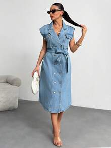 EURMUSE Button Up Front Denim 100%Cotton Dress Daily Wear - Light Wash - View 3