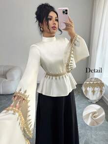 Elenzga Camisa elegante de mujer con mangas acampanadas, bordada con encaje floral 3D y lentejuelas en la cintura, para la temporada de principios de primavera - Albaricoque - Ver 1