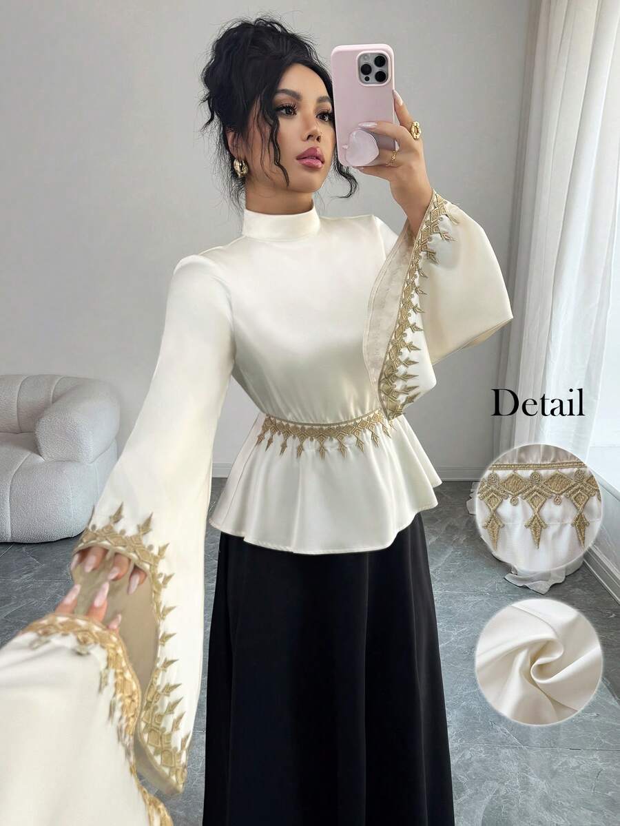 Elenzga Camisa elegante de mujer con mangas acampanadas, bordada con encaje floral 3D y lentejuelas en la cintura, para la temporada de principios de primavera - Albaricoque - Ver 1
