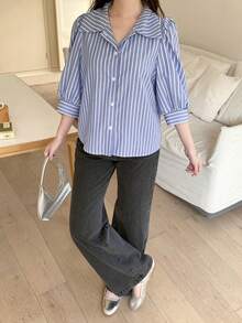 Teen Girls Blue & White Striped Collared Loose Lantern Sleeve Blouse, Casual Sweet Style For Spring, Summer, Autumn Blouses Teen Preppy Shirt Striped Shirt Collar Shirt Striped Blue Shirt Girl Collar Shirt - Blue and White - View 5