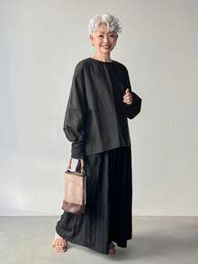 FRIFUL Women's Loose Casual Solid Color Round Neck Cuff Hem Blouse, Versatile For Spring And Summer - Black - View 2