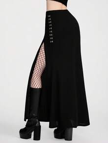 Chiquease 女士哥特风纯色金属钩扣松紧腰高开衩半身裙 - 黑色 - 查看 2