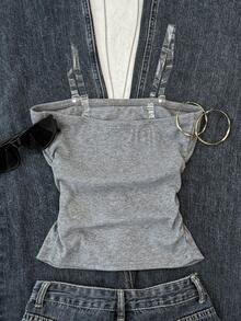 SHEIN 少女深灰色罗纹针织露脐上衣，星形图案，腰部褶皱设计 - 灰色 - 查看 2