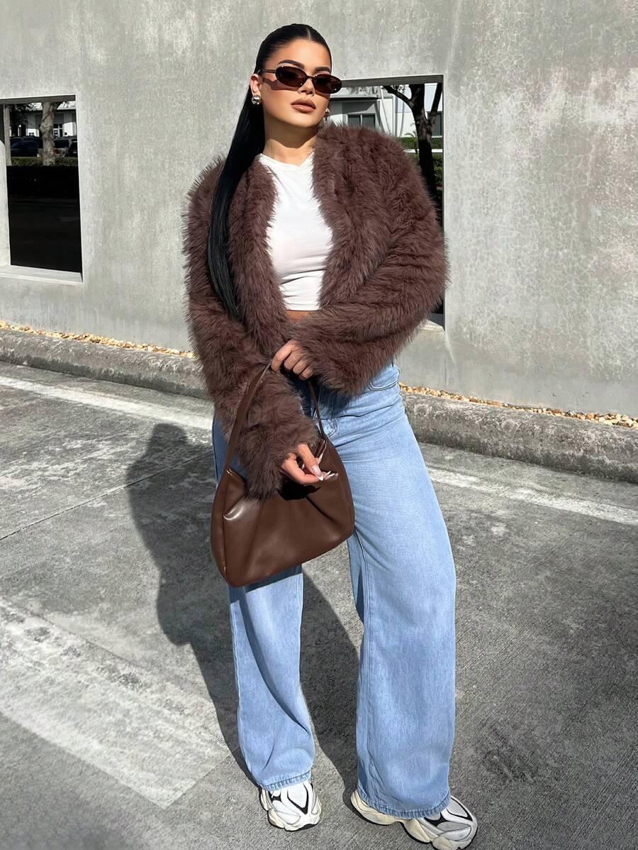 Dayanna Comas 秋冬女士前开蓬松大衣 - 鏽棕色 - 查看 1