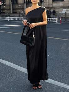 DAZY Vestido de verano elegante de longitud media, de hombros oblicuos, suelto y de unicolor para mujer - Negro - Ver 4