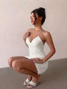 Aloruh Women's Fashionable Sexy Halter Backless Mini Dress, Summer - White - View 3