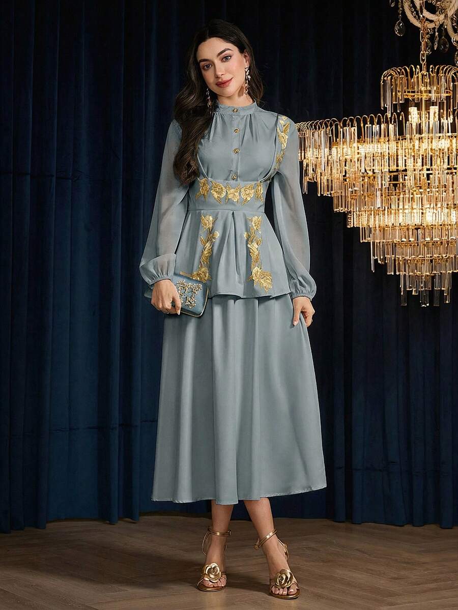 Modelyn 女士花卉印花雪纺拼接优雅浪漫两件套 - 灰色 - 查看 1