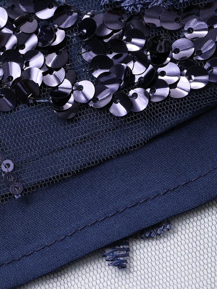 Women's Elegant Floral Sequin Embroidery Round Neck Puff Sleeve Dress, Summer Wedding Guest Dress Sundress