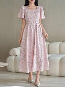 女士优雅纹理纯色荷叶袖褶皱A字连衣裙，夏季婚礼宾客礼服，复活节吊带裙 - 粉色 - 查看 4