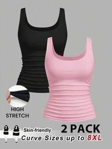 SHEIN CURVE+ 2pcs/Set Plus Size Women Casual Crew Neck Ruched Waist Fitted Tank Top Set, Versatile For Daily Wear, Summer Tops - Multicolor - View 1