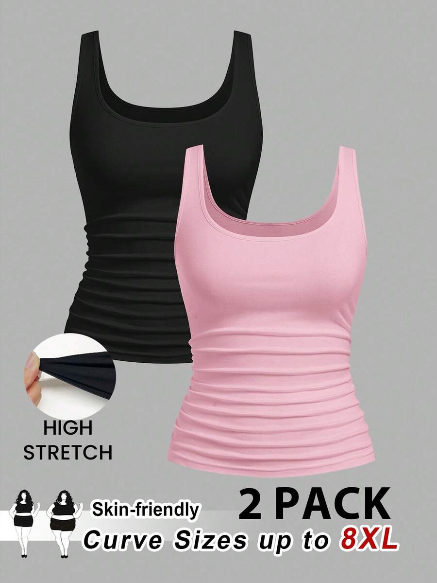 SHEIN CURVE+ 2pcs/Set Plus Size Women Casual Crew Neck Ruched Waist Fitted Tank Top Set, Versatile For Daily Wear, Summer Tops - Multicolor - View 1