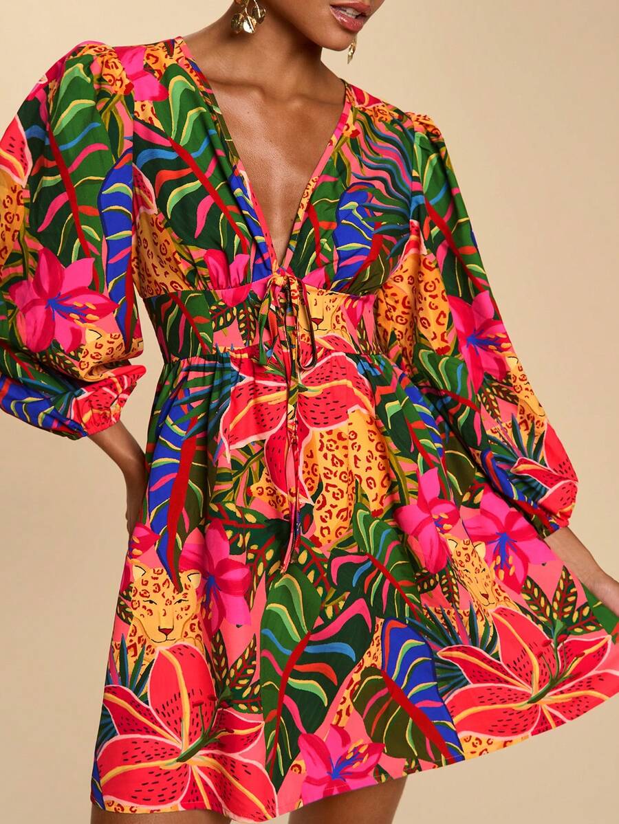 Travachic 女士V领七分袖印花迷你连衣裙，度假/休闲服饰，春夏款 - 彩色 - 查看 1